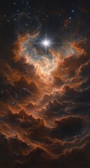 Fototapeta premium A brilliant star shines through swirling, rust-colored nebula clouds, scattered with distant stars