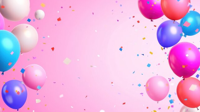 Colorful balloons and confetti on pink background - Powered by Adobe