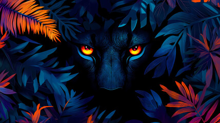 Cool dark jungle pattern with neon animal eyes and shadowed leaves, edgy wallpaper. [Neon Beasts] | Glowing Stare | light gaze. Illustration