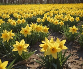 Obraz premium Sunlit daffodil field, vibrant yellow petals, spring bloom, wildflowers, yellow, garden