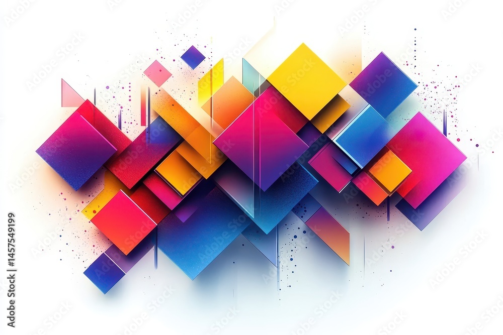 Poster Colorful geometric abstract art features vibrant shapes and gradients with sharp edges and smooth lines on a white background