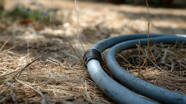 Old garden hose curled on dry grass with crisp shadows
