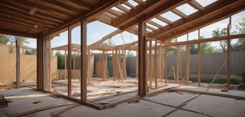 Obraz premium Modern home extension framing, under construction, work, modern house