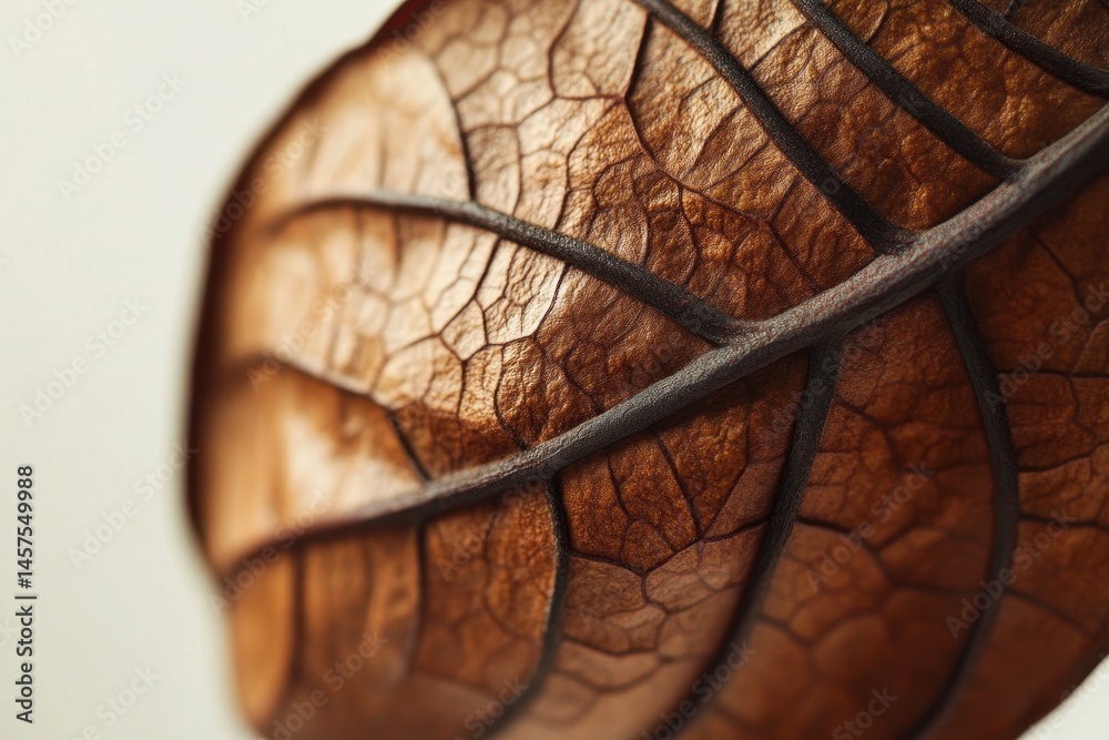 Poster detailed close-up of a dried brown leaf showcasing intricate veins and textured surface against a pl