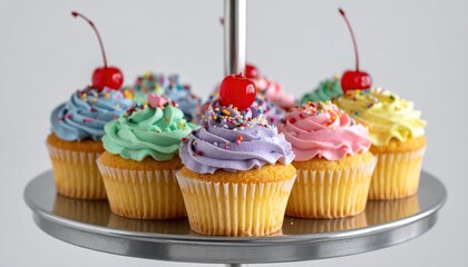 Colorful cupcakes topped with swirls of buttercream frosting and cherries sit on a silver tiered serving platter.
