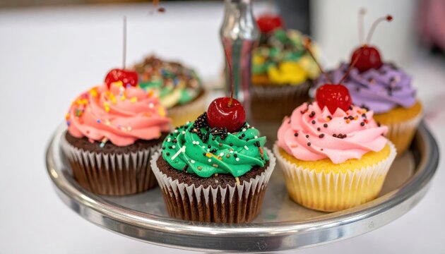 Colorful cupcakes with bright frosting and cherries sit elegantly on a glass plate, suggesting a celebratory dessert spread. - Powered by Adobe
