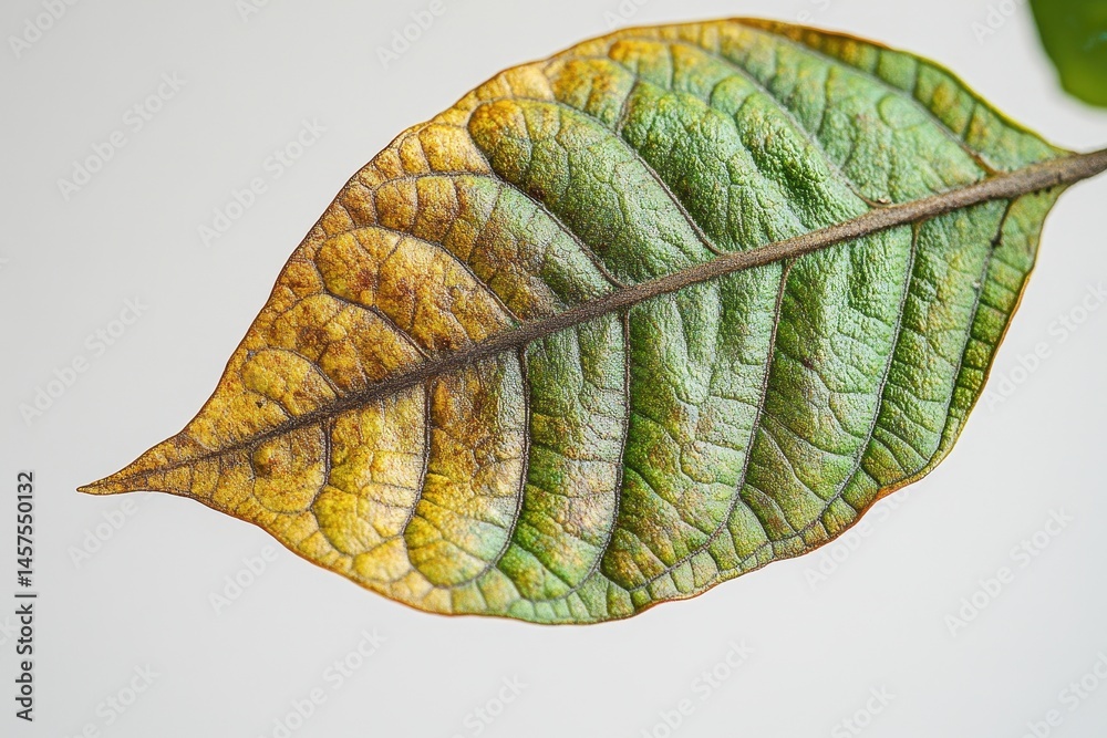 Poster detailed close-up of a dried brown leaf showcasing intricate veins and textured surface against a pl