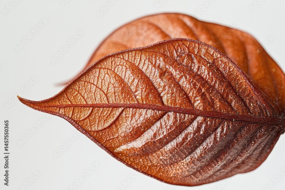 Poster detailed close-up of a dried brown leaf showcasing intricate veins and textured surface against a pl