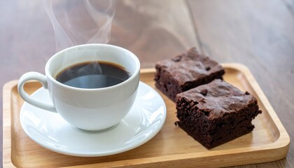 A warm cup of coffee steams alongside rich chocolate brownies on a wooden tray, conveying cozy indulgence.