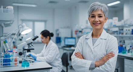 Smiling Mature Asian Woman Scientist in White Coat Posing Arms Crossed in Bright Modern Laboratory with Colleague Studying Microscope