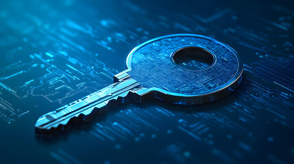 key on blue background, safety and data protection in the online and cyber concept, digital asset and blockchain technology security