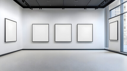 Five vertical frames on white wall dining room with charcoal gray accents, 5 empty posters mockup template, light reflection, wall art gallery, 3D illustration,