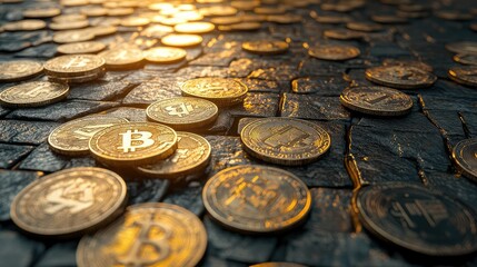 Cryptocurrencies scattered on a dark stone surface, illuminated by sunlight