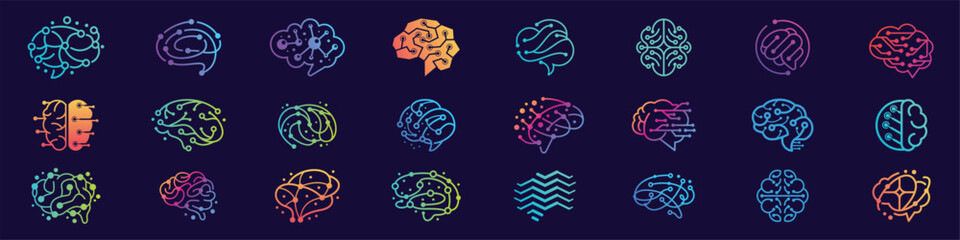 Set of abstract lines brain and dots tech logo. Logo for science, learning, research,technology, human brain.