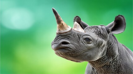 Close-up of a young black rhinoceros.  A  portrait of a  wildlife animal, showcasing its unique features, including a  single horn, and  rough skin. 