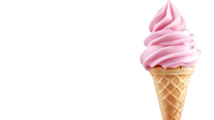 Pink ice cream in waffle cone on white background