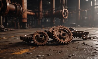 Rusting gears, dripping pipes, shadowed factory floor,  forgotten,  atmospheric,  machinery