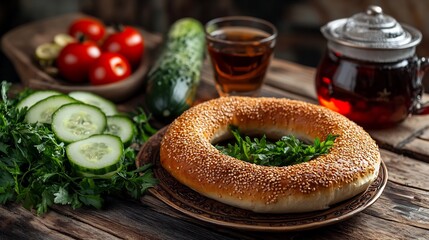 Turkish simit sesame seeds cucumbers tomatoes and a glass of tea on a rustic wooden table Fresh and vibrant display Normal view