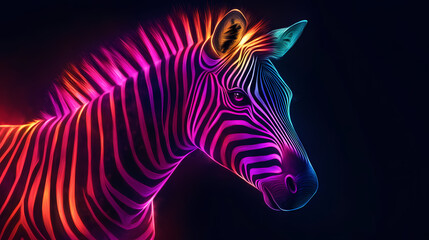 Dazzling neon zebra shining brightly on black background image. [Neon Beasts] | Plasma Tracks | heat prints. Illustration