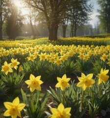 Sunlit daffodils burst forth in vibrant yellow against a verdant field , texture, springtime, flora