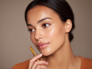 Obraz premium glowing face serum applied by beautiful woman