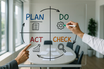 Glass whiteboard with business hands illustrating the PDCA cycle using colorful markers and icons, emphasizing strategic process planning and performance evaluation..