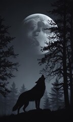 Lone wolf howls under a full moon, silhouetted against dark trees ,  stock,  illustration