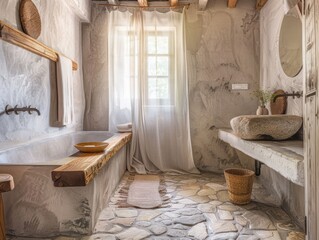 A bathroom with a bathtub, sink, and a mirror. The sink is made of stone and the bathtub is made of wood