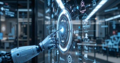 Humanoid Robot Interacting with Digital Interface.