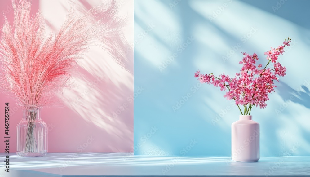 Aufkleber Minimalist floral display on a circular stand with soft pastel background creating a serene and calming atmosphere