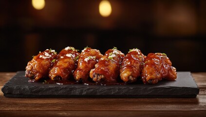 Crispy, glazed chicken wings arranged on a dark slate plate.  Spicy, flavorful wings with a glossy sauce.  Served on a wooden surface in a restaurant setting
