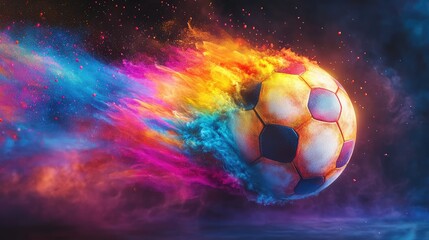 Soccer ball streaking through vibrant cosmic flames