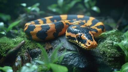Orange snake rainforest reptile closeup.