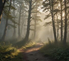 Fototapeta premium Dawn mist shrouds ancient woodland, soft light filters through leaves , landscape, branches, mystical