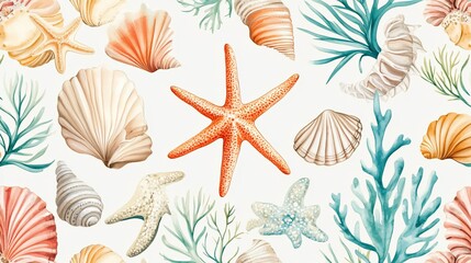 Sea Shells, Starfish, and Seaweed Watercolor Seamless Pattern