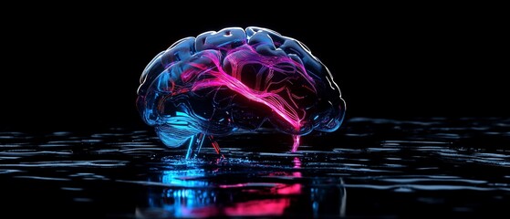Glassy brain with red/blue accents, sitting on dark reflective surface