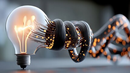 Glowing lightbulb with cables and bright particles creating a striking visual