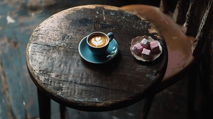 Turkish Turkish coffee served a traditional small cup and Turkish delight on a wooden table Rich dark tones with a rustic feel Normal view