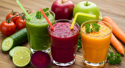 Colorful Trio of Fresh Smoothies with Vibrant Fruits and Vegetables on Wooden Tabletop Featuring Green Red and Orange Drinks
