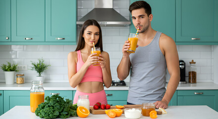 Couple Drinking Orange Juice in a Kitchen with Fruits and Kale on a White Countertop With Teal Colored Cabinets