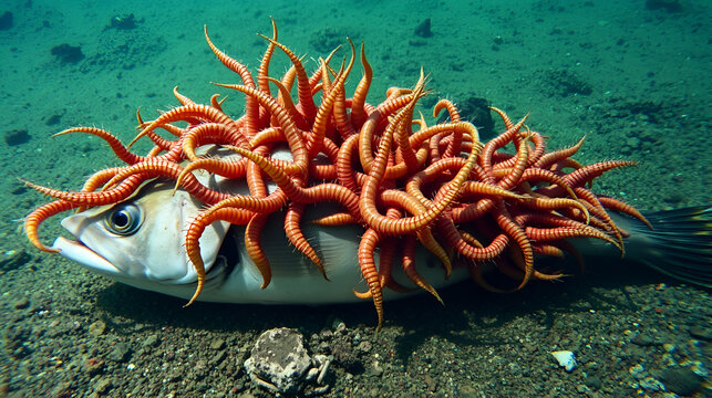 Undersea scene: Many large toxic Bearded fireworms (Hermodice carunculata) have gathered on the body of the dead fish, speed x 8.