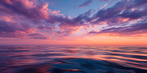 Obraz premium Pink and Orange Sunset Over Calm Ocean Water