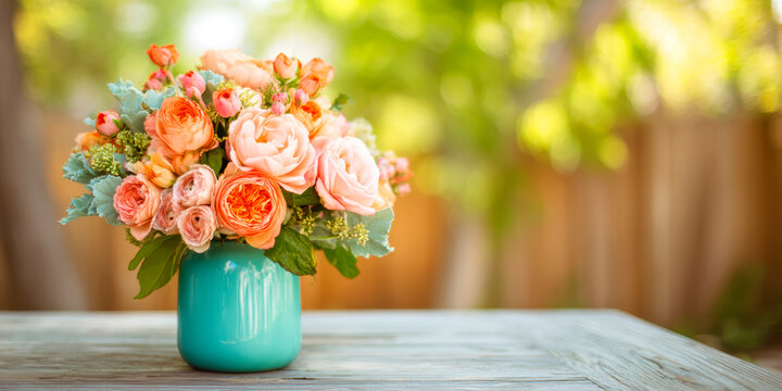 Peach and Coral Rose Bouquet in Teal Vase on Wooden Table