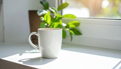 A steaming mug sits on a sunlit table, casting soft shadows and creating a cozy, inviting atmosphere.