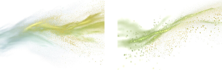 Obraz premium Set of two flowing botanical dust particle trails in soft light green and yellow tones, isolated on transparent background for nature, cosmetic, or eco-friendly product design use