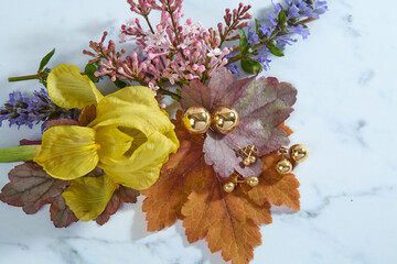 Gold Ball Stud Earrings with Autumn Flowers Flatlay on Marble
