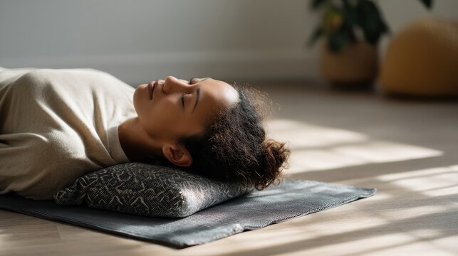 An individual practicing gentle yoga or stretching on a yoga mat in a serene space illustrating the benefits of physical relaxation techniques before bedtime.