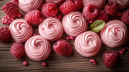 Fototapeta premium Pink meringue cookies decorated with fresh raspberries, arranged on a wooden surface
