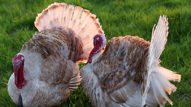 Two light-colored turkeys standing on green grass in natural sunlight.