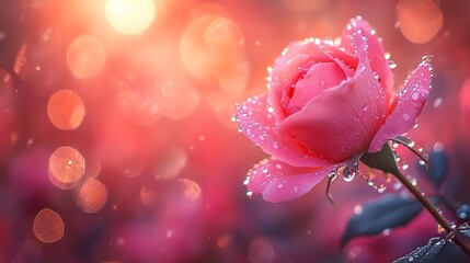 Obraz premium Pink rose with water droplets, backlit by warm sunset light, in a garden setting